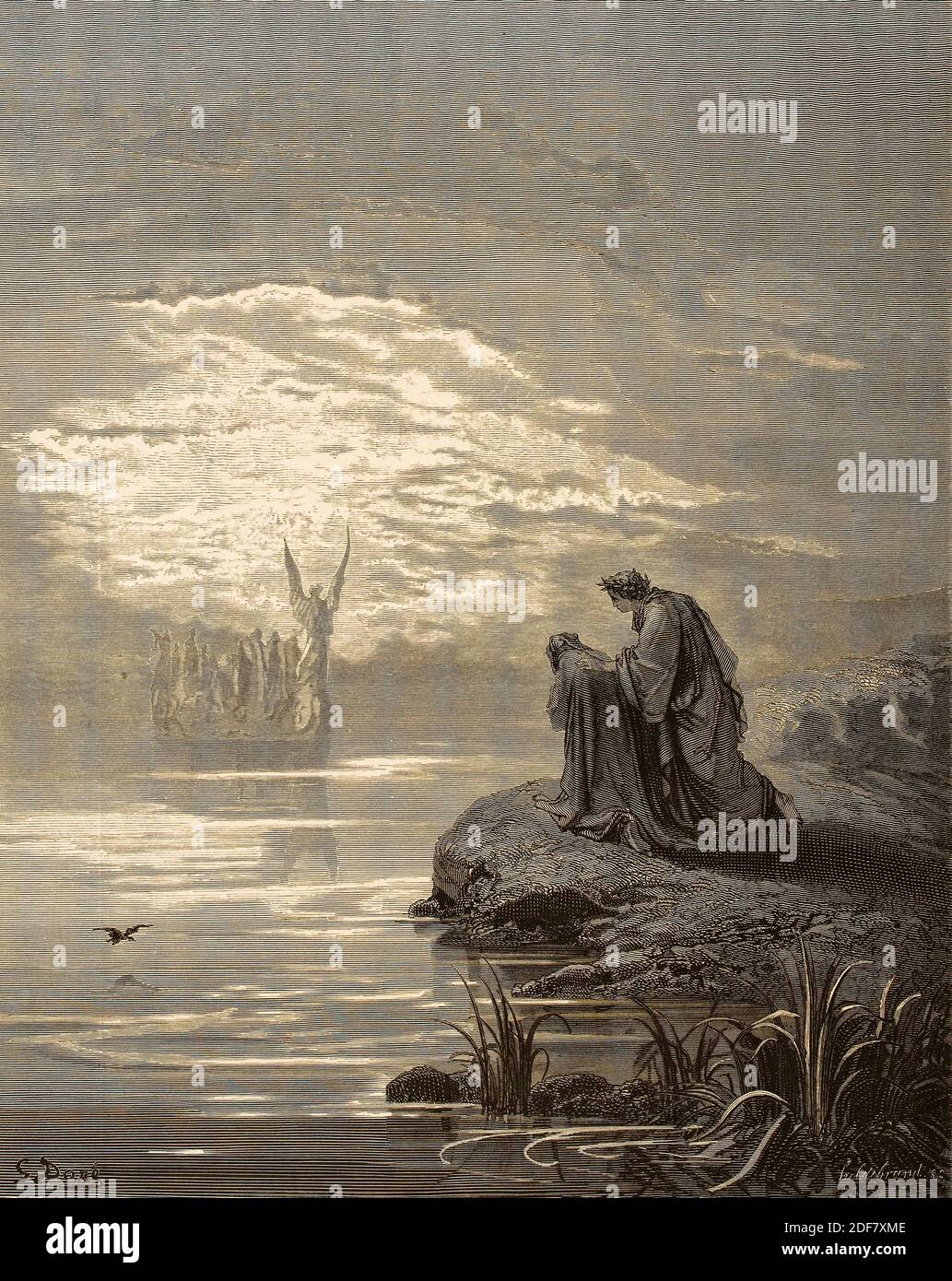 Dante - Divina Commedia - Purgatorio - Ilustración de Gustave Dorè - Canto II - llegada del ángel de la helmsman Foto de stock