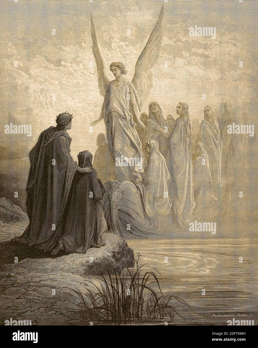 Dante - Divina Commedia - Purgatorio - Ilustración de Gustave Dorè - Canto II - las almas de los penitentes Foto de stock