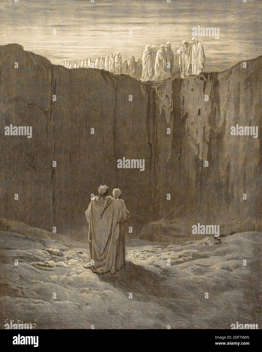 Dante - Divina Commedia - Purgatorio - Ilustración de Gustave Dorè - Canto III -poetas ven una multitud de almas, Foto de stock