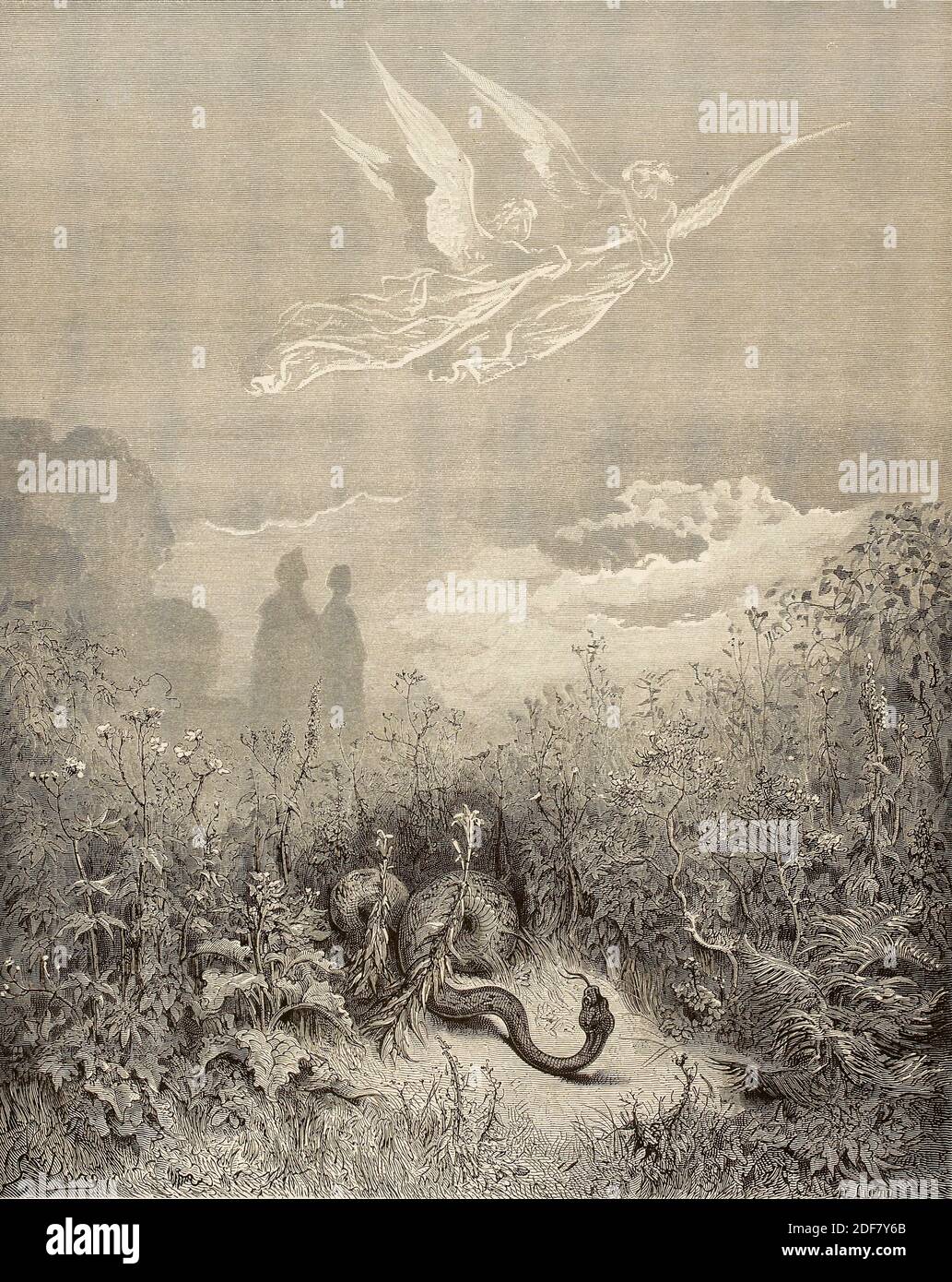 Dante - Divina Commedia - Purgatorio - Ilustración de Gustave Dorè - Canto VIII - la serpiente Foto de stock
