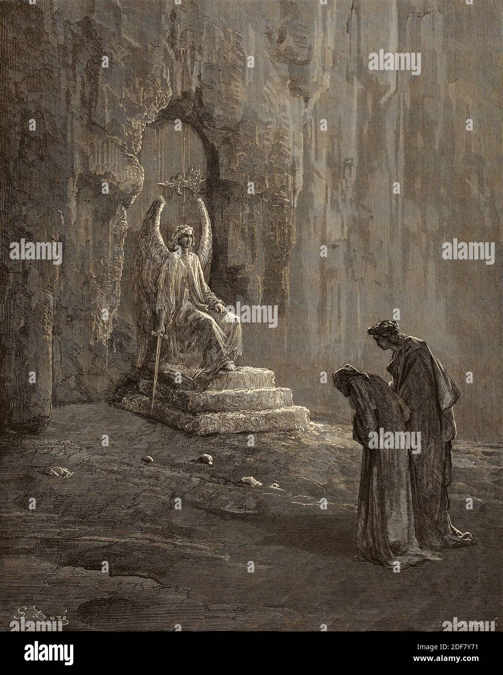 Dante - Divina Commedia - Purgatorio - Ilustración de Gustave Dorè - Canto IX - el ángel guardián Foto de stock