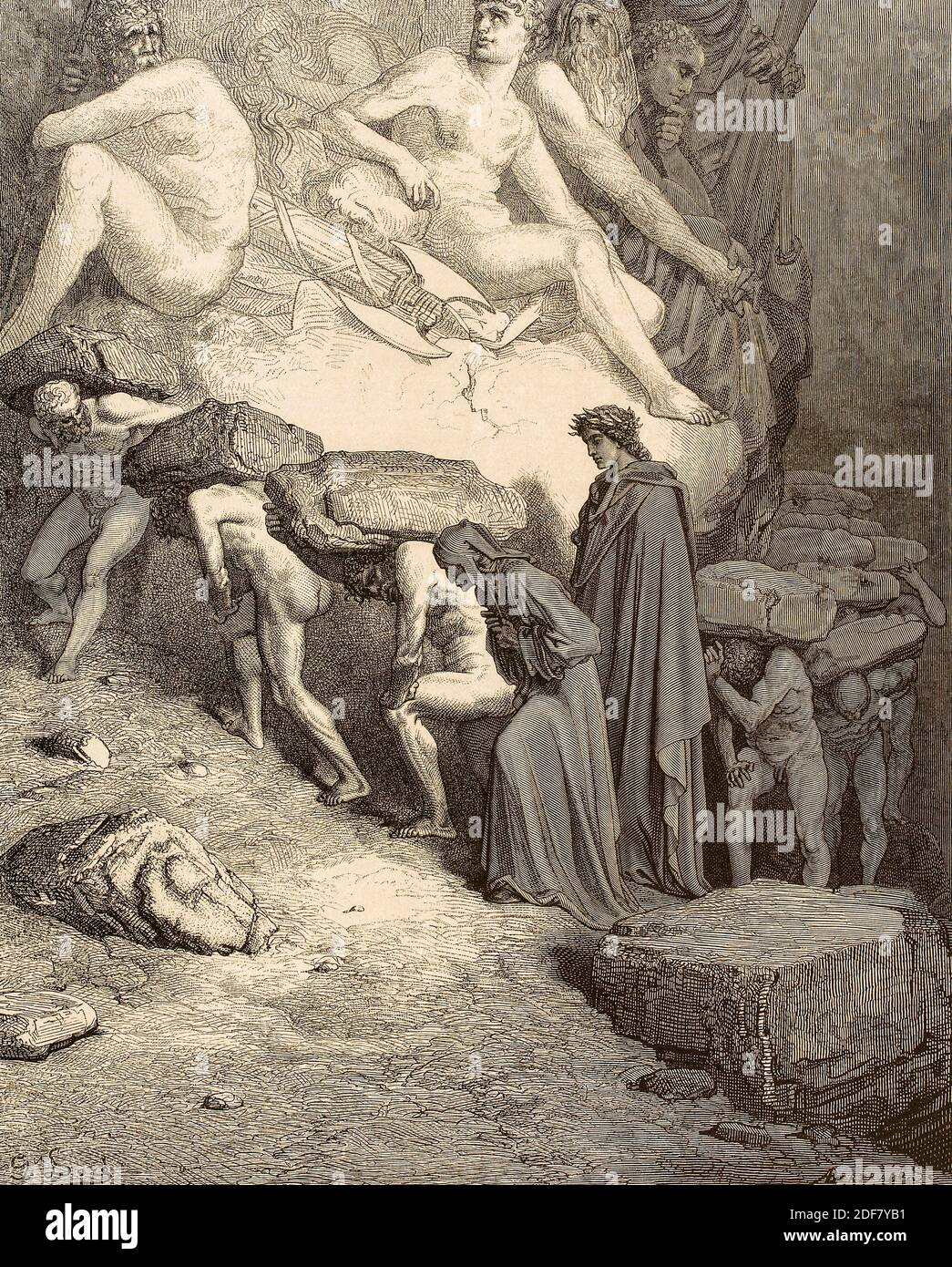 Dante - Divina Commedia - Purgatorio - Ilustración de Gustave Dorè - canto XII- el orgulloso de entre ellos Omberto Aldobrandeschi Foto de stock