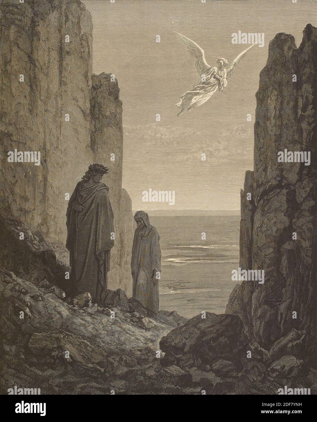 Dante - Divina Commedia - Purgatorio - Ilustración de Gustave Dorè - canto XIX - el ángel de la preocupación Foto de stock
