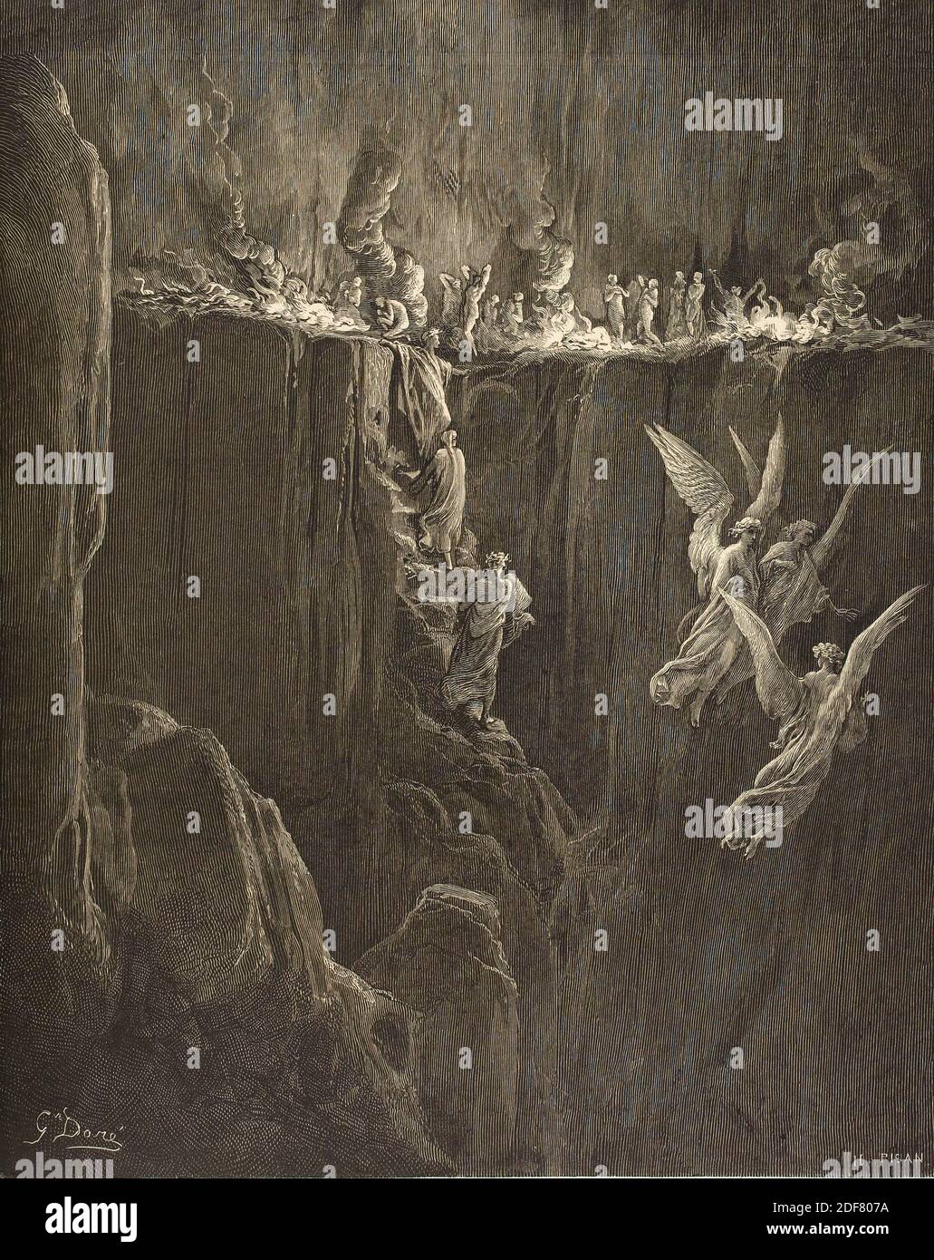 Dante - Divina Commedia - Purgatorio - Ilustración de Gustave Dorè - Canto XXV - la pared de las llamas Foto de stock