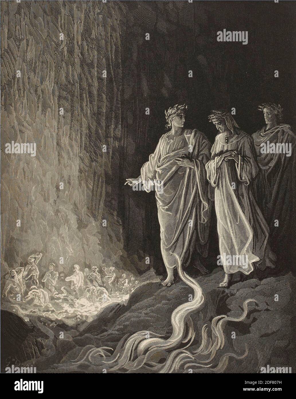 Dante - Divina Commedia - Purgatorio - Ilustración de Gustave Dorè - Canto XXV - lujurioso - el cantar las llamas Foto de stock
