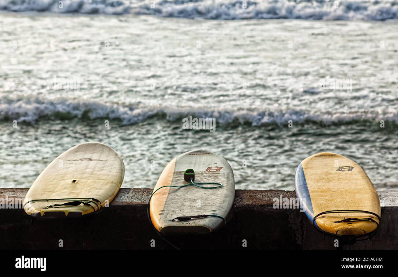 Tablas de surf de árboles en frente del océano esperando Cabalgar unas olas en el océano frente a Biarritz Foto de stock