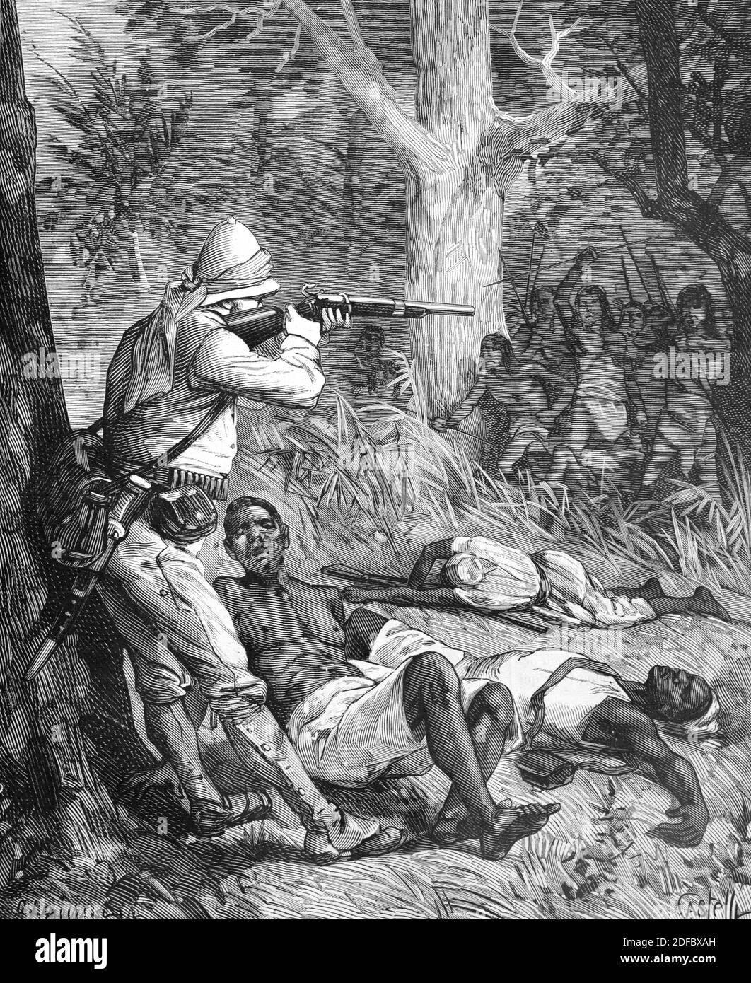 Enfrentamiento en el África colonial entre europeos coloniales y africanos OR Tribu Africana (Engr Castelli 1884) Ilustración o Grabado de la Vintage Foto de stock