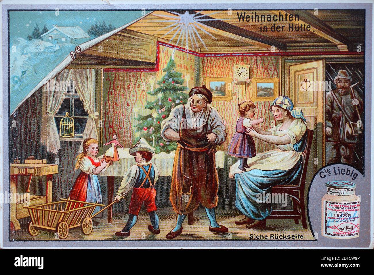 Serie de fotos Navidad, Navidad en la cabaña / Bildserie Weihnachtsfest, Weihnachten in der Hütte, Liebibild, mejora digital de la reproducción de una imagen coleccionable de la empresa Liebig, estimada a partir de 1900, pd / digital verbesserte Reproduktion eines Sammelbildes von ca 1900, gemeinfrei, Foto de stock