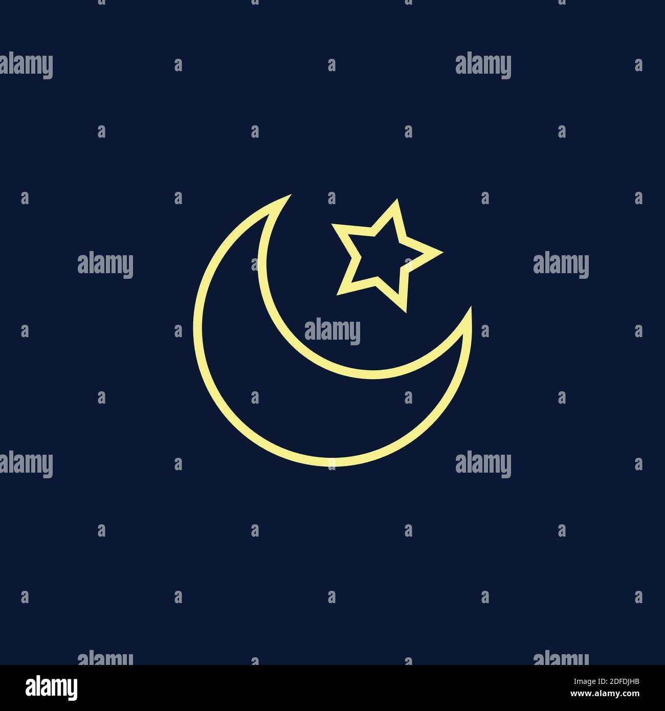 Noche cielo luna y estrella sobre fondo azul profundo. Vector plano línea amarilla ilustración simple eps 10 . Buen concepto de sueño nocturno. islam ramadán eid Ilustración del Vector