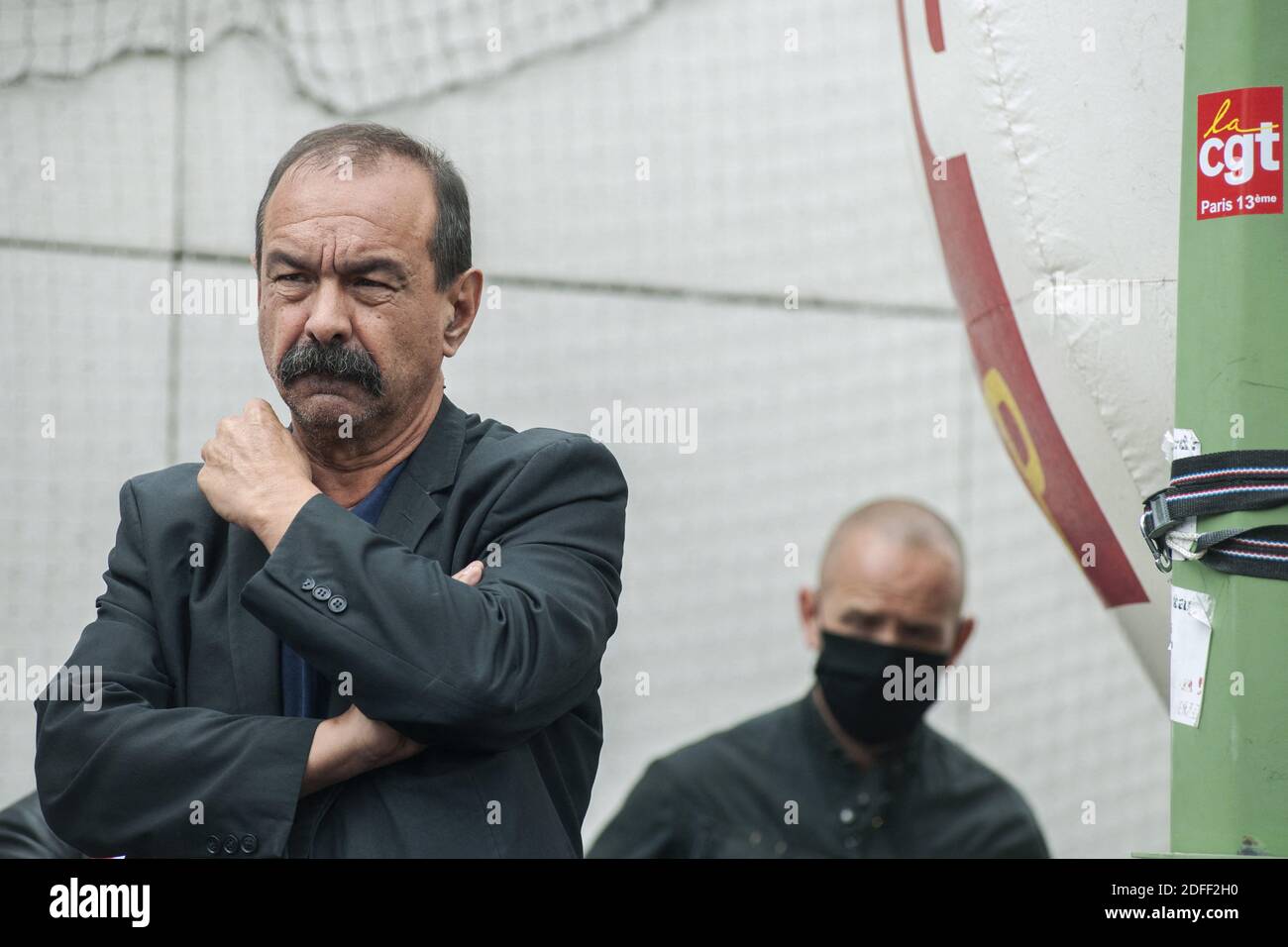 El Secretario General del sindicato francés CGT, Philippe Martinez, llegando a la RATP, para apoyar a un delegado de la CGT de la RATP, amenazado de despido en París, Francia, el 20 de julio de 2020. Foto de Pierrick Villette/Avenir Pictures/ABACAPRESS.COM Foto de stock