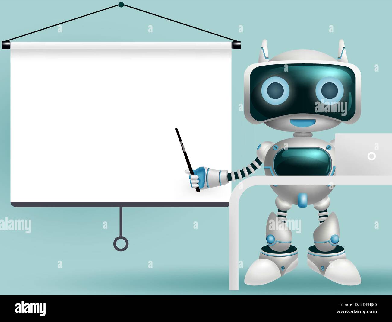 Robot 3d carácter vector fondo diseño. Carácter robótico mostrando pizarra  blanca vacía con espacio para texto y mensajes para la presentación moderna  Imagen Vector de stock - Alamy
