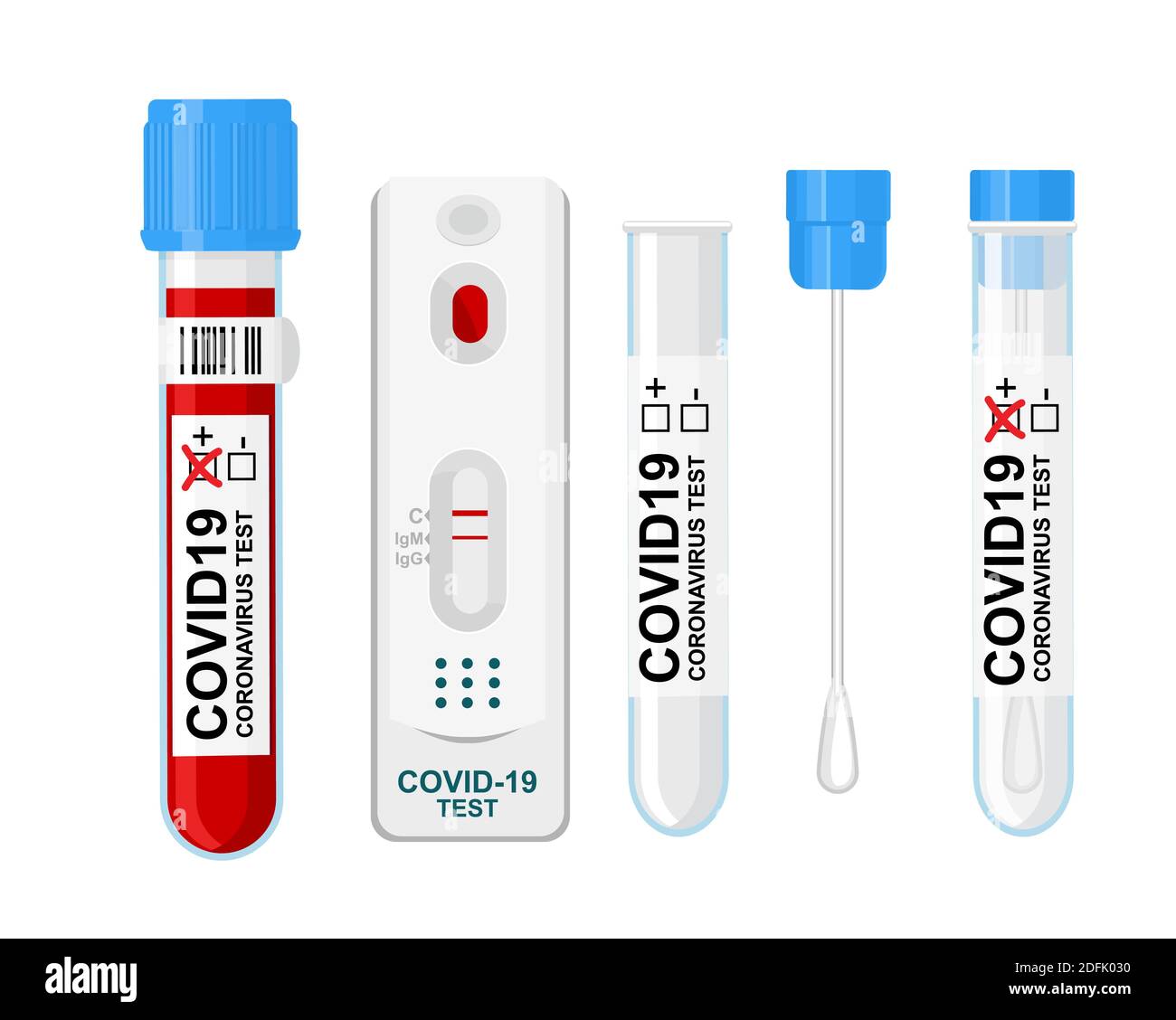 Conjunto de análisis COVID-19, prueba rápida de muestras de sangre, tubo de ensayo y prueba con hisopo para la prueba COVID-19. Prueba positiva para el nuevo coronavirus de rápida propagación Covid-1 Ilustración del Vector