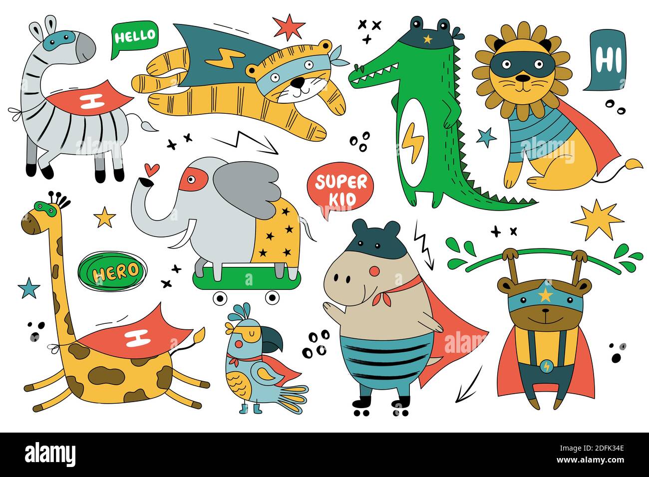 Conjunto de animales salvajes con disfraces cómicos divertidos. Linda  ilustración vectorial con loro, hipopótamo, tigre, león, jirafa, elefante,  mono, cebra aislada en wh Imagen Vector de stock - Alamy