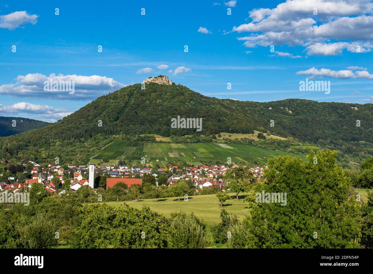 Stadt Neuffen mit Burg Hohenneuffen, Schwäbische Alb, Deutschland Foto de stock