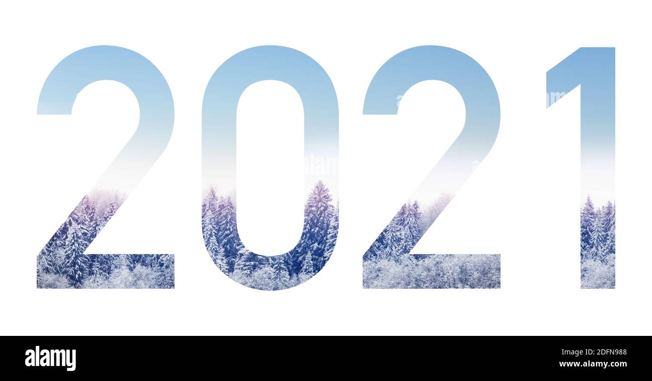 Figuras 2021 con paisaje invernal. Aislado Foto de stock