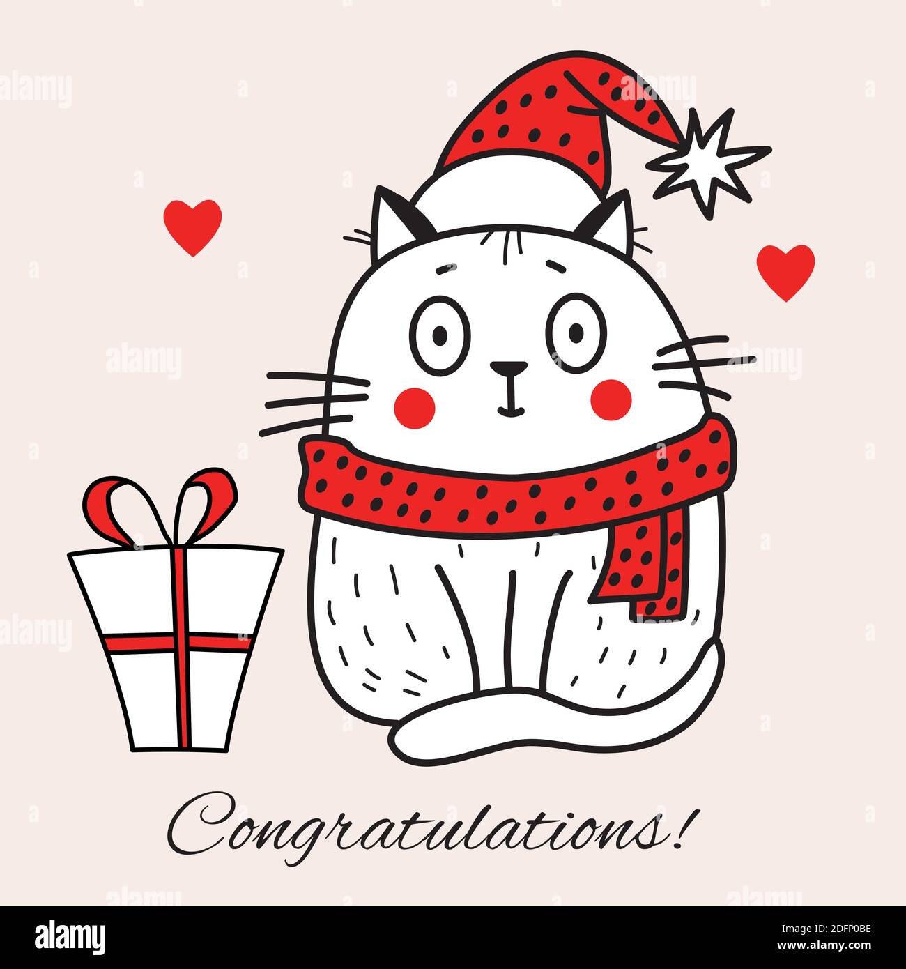 Tarjeta de felicitación con un gato blanco en un sombrero rojo y una  bufanda con un regalo corazones y la palabra - Felicitaciones sobre un  fondo rosa claro. Vector enfermo Imagen Vector