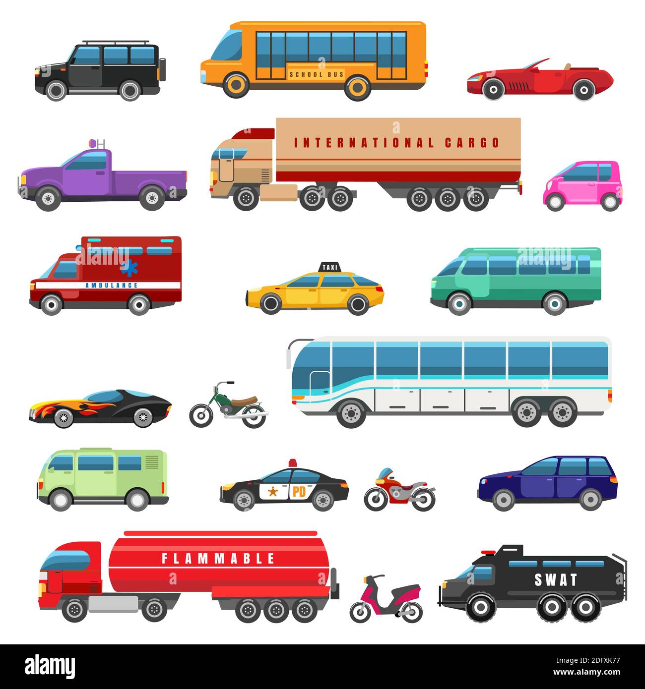 Bicicletas de dibujos animados camiones y transporte público Imagen Vector  de stock - Alamy
