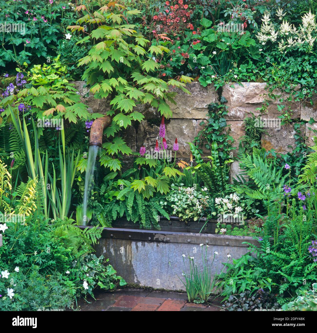 Detalle de un jardín con una fuente de agua decorativa Foto de stock