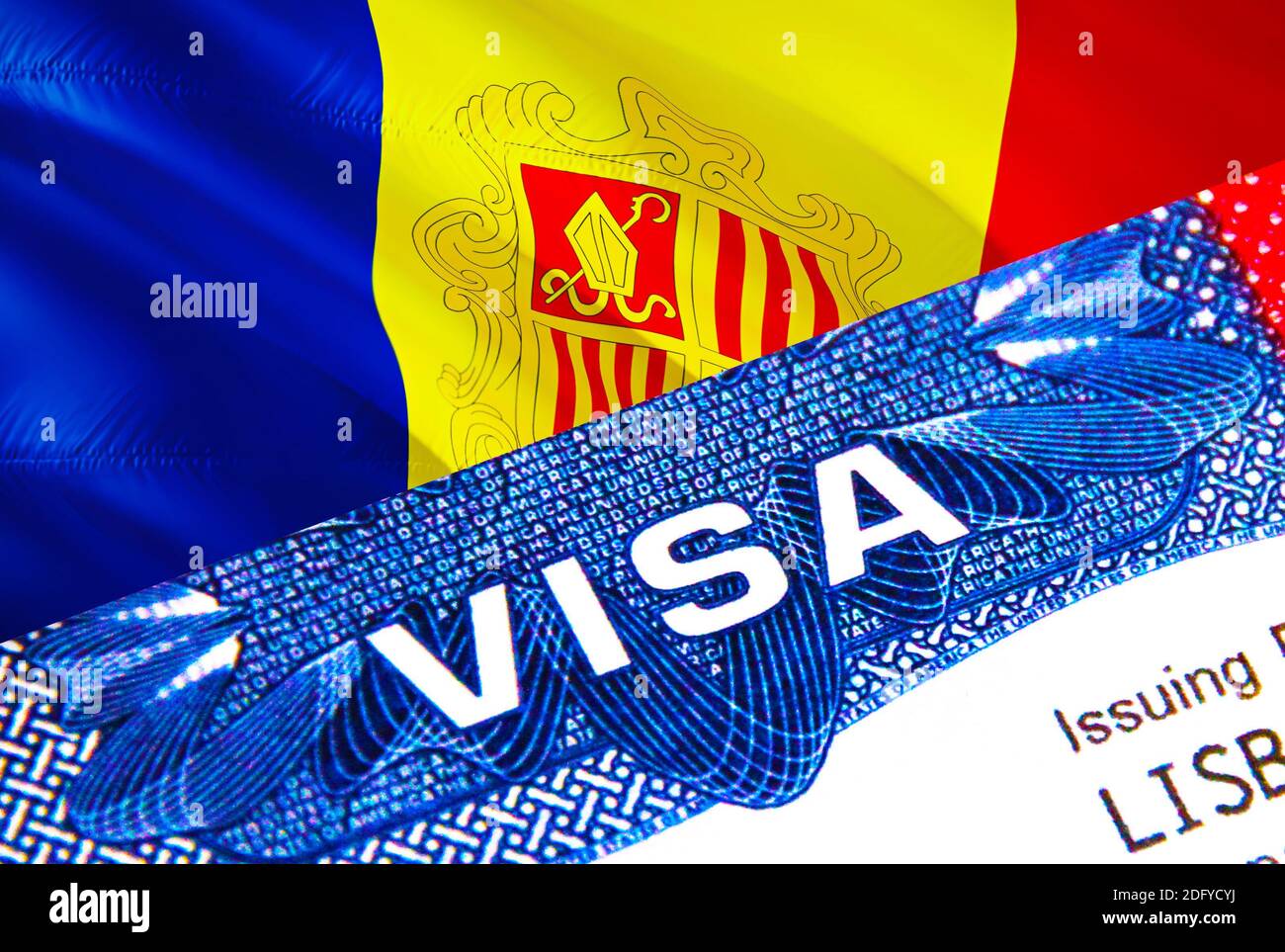 Andorra Visa en pasaporte. Visado de inmigración de EE.UU. Para ciudadanos de  Andorra centrado en la palabra VISA. Visado de viaje Andorra en primer  plano de identificación nacional, 3D Fotografía de stock -