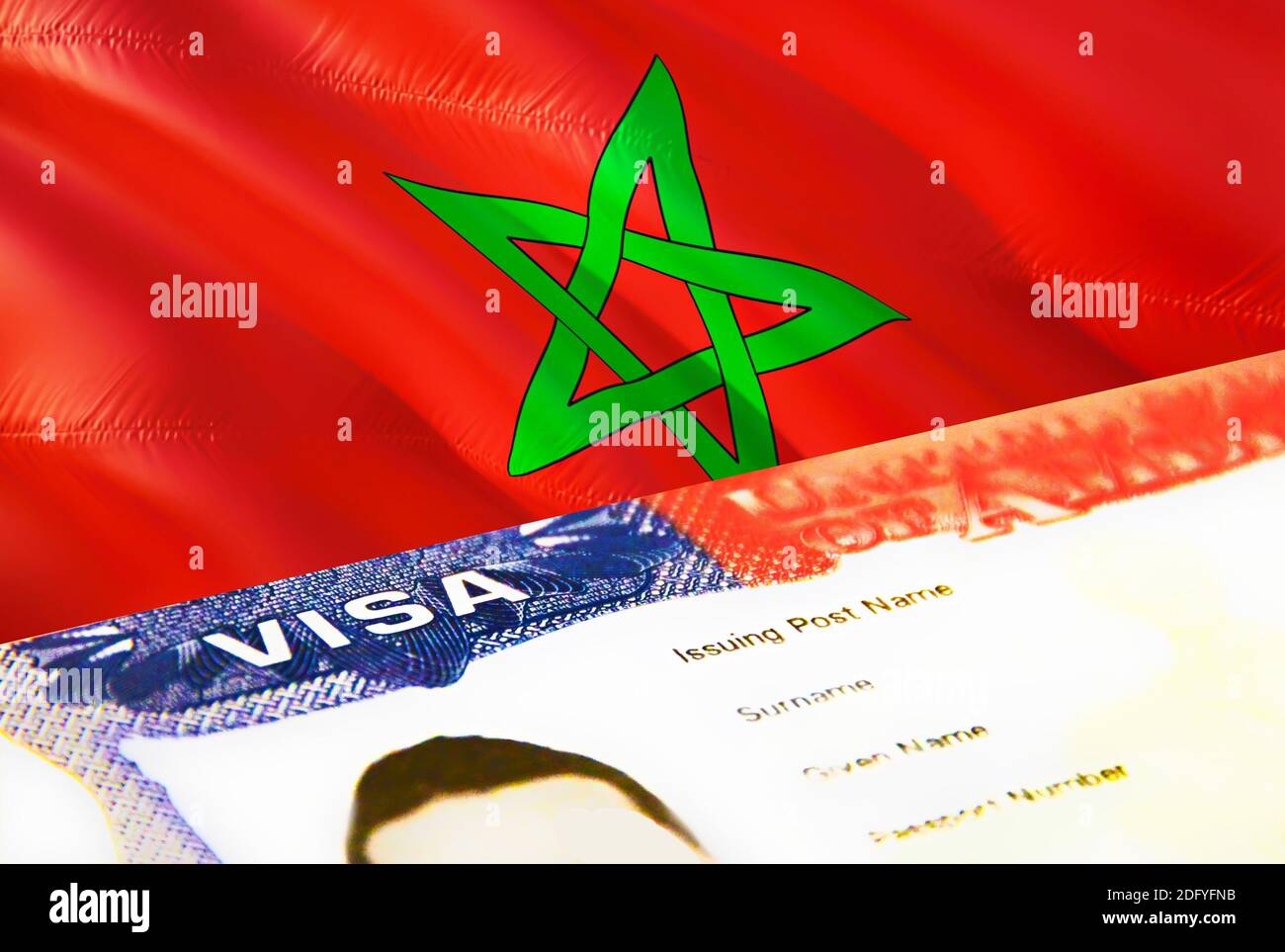 Marruecos documento de inmigración de cerca. Visado de pasaporte en la  bandera de Marruecos. Marruecos visado de visitante en pasaporte, 3D  rendering. Marruecos visado de entrada múltiple en pa Fotografía de stock -