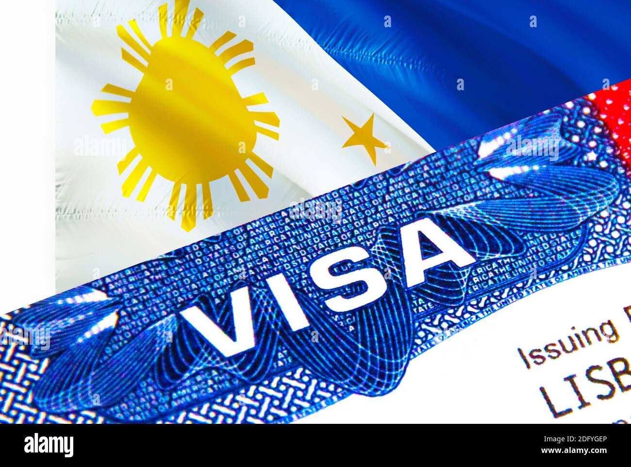 Filipinas Visa en pasaporte. Visado de inmigración de EE.UU. Para  ciudadanos de Filipinas centrado en la palabra VISA. Travel Philippines visa  en identificación nacional Fotografía de stock - Alamy