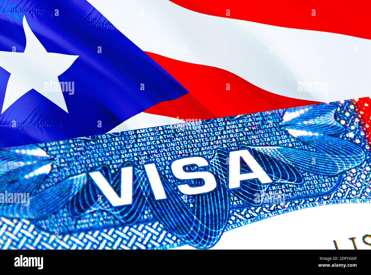 Visa de Puerto Rico. Viaje a Puerto Rico centrándose en Word VISA,  renderizado en 3D. Puerto Rico inmigra concepto con visa en pasaporte.  Turismo en Puerto Rico Fotografía de stock - Alamy