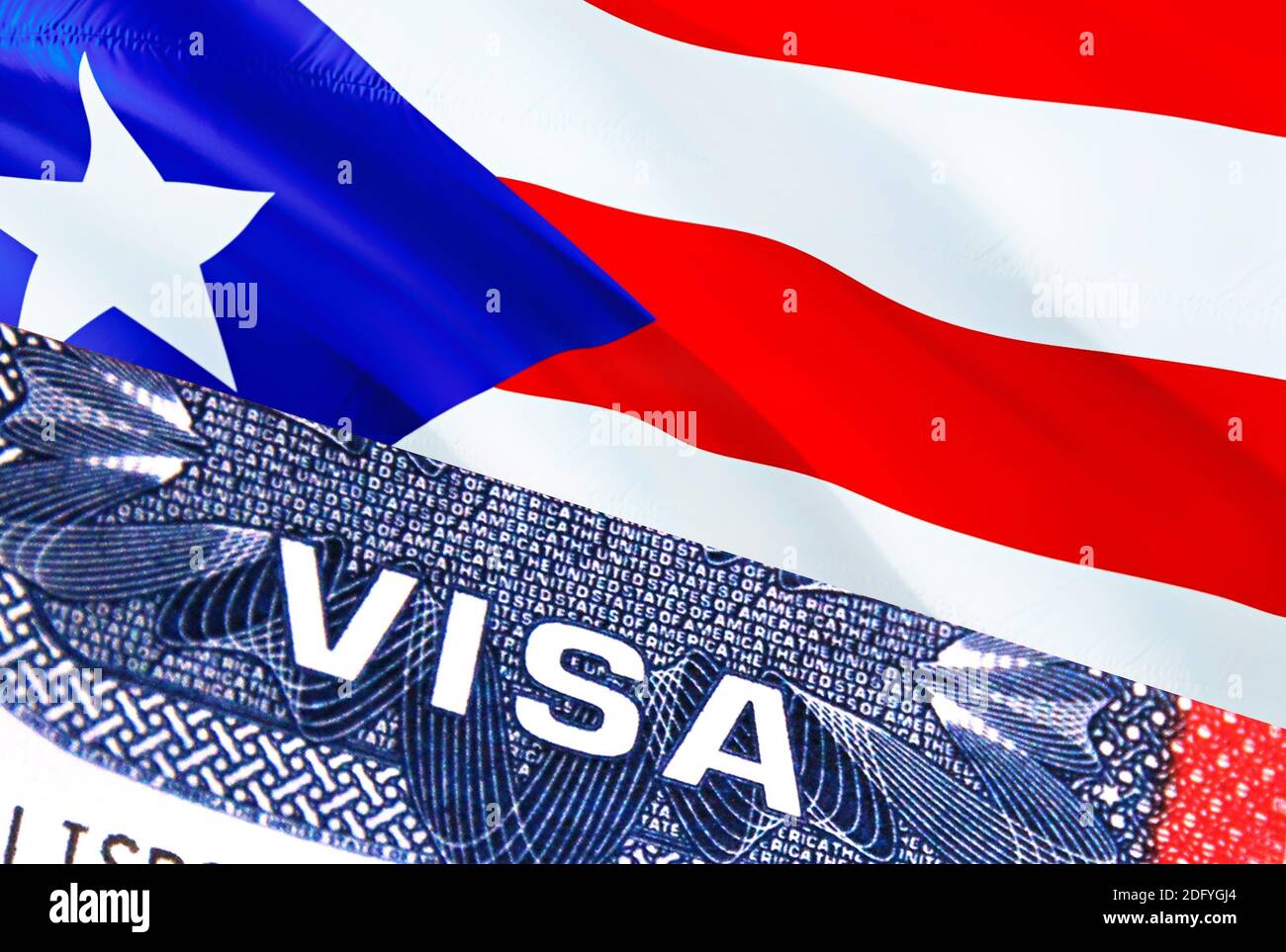 Documento de Visa de Puerto Rico, con la bandera de Puerto Rico en el  fondo. Puerto Rico bandera con texto de cerca VISA on USA sello de visa en  pasaporte,3D rendering.VI Fotografía
