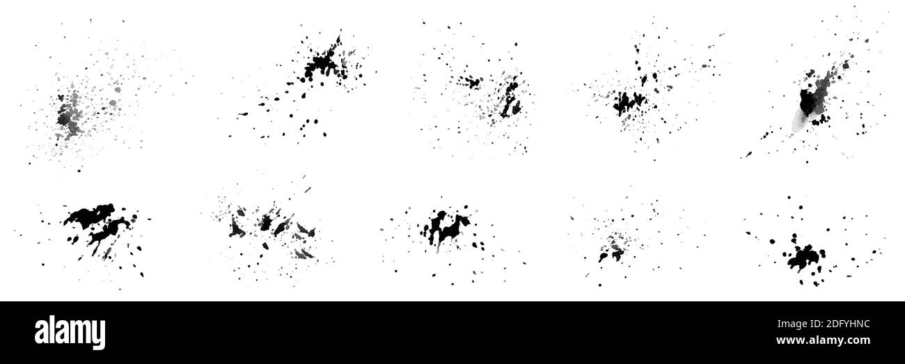 Juego de gotas negras salpican con acuarela pintada a mano aislada sobre fondo blanco. Vector abstracto artístico utilizado como elemento en la decora Ilustración del Vector