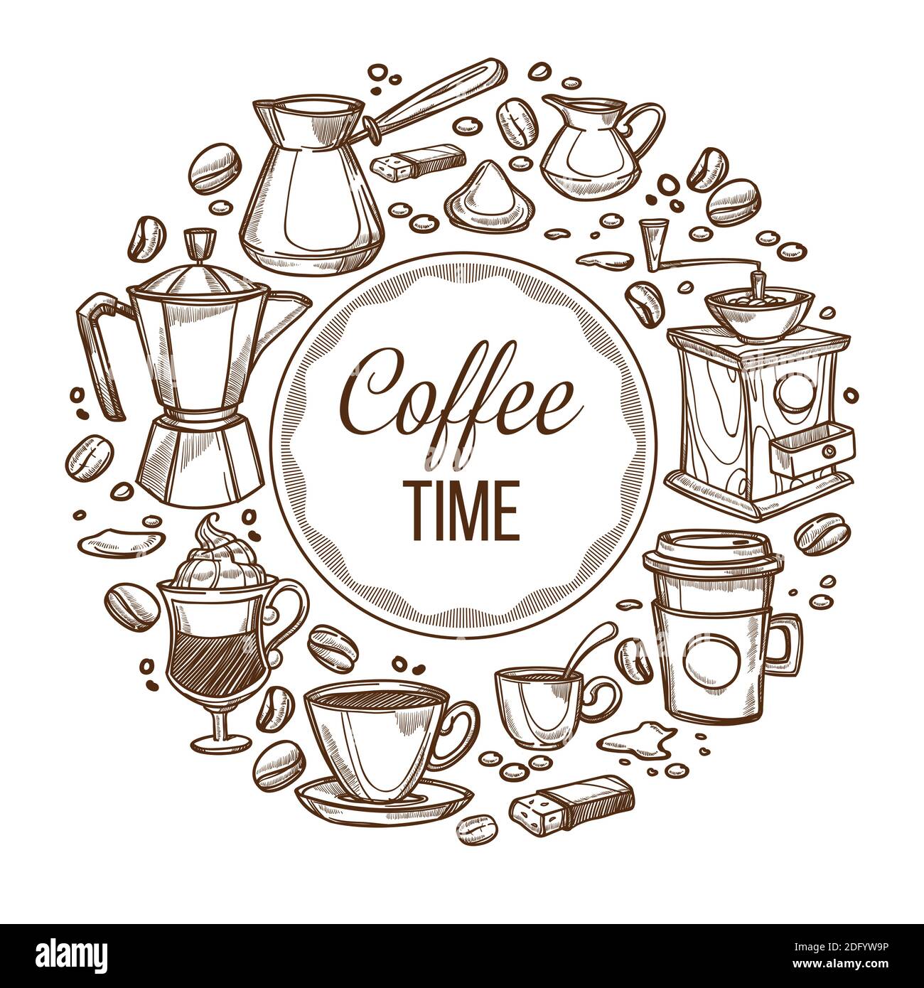 Tiempo de café, tazas y granos de café en blanco y negro Imagen Vector de  stock - Alamy