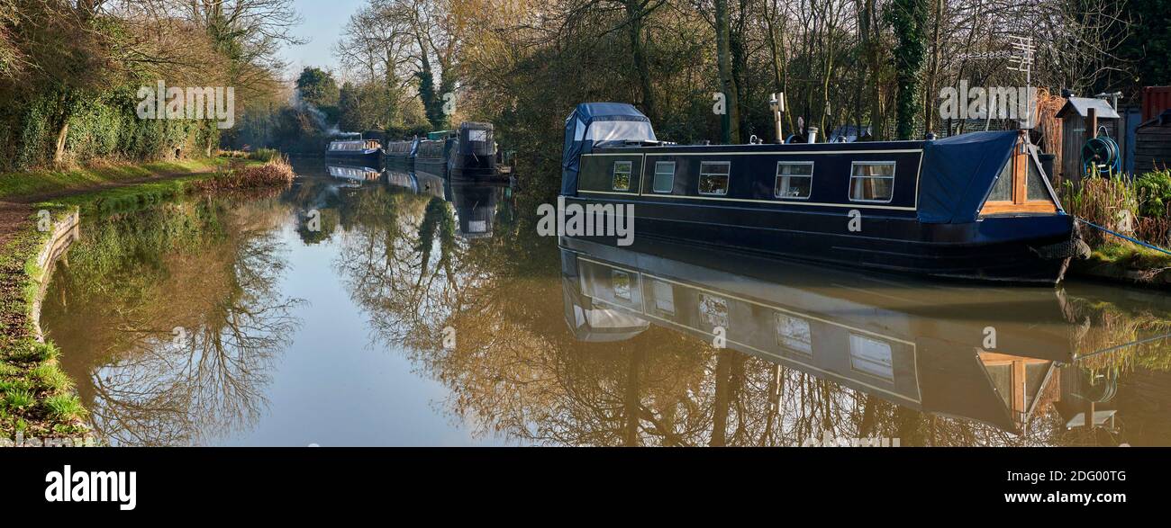 Barcos del canal amarrados, temprano por la mañana en otoño en el canal Ashby, Hinckley, Leicestershire, East Midlands, Reino Unido Foto de stock