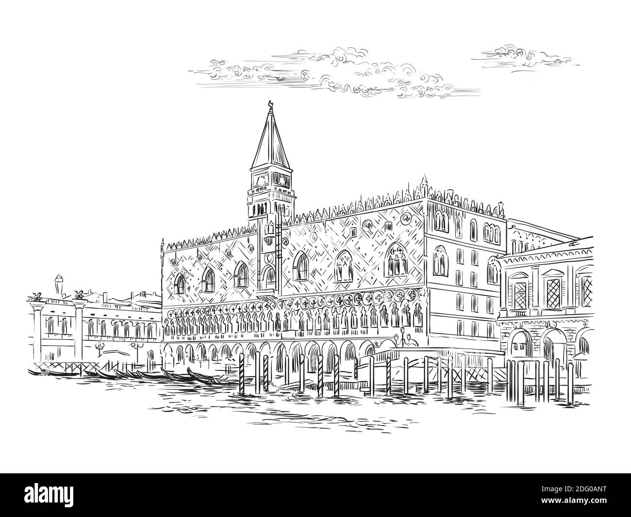Dibujo vectorial a mano ilustración del Palacio de los Doges en Venecia. Horizonte de Venecia dibujo a mano en color negro aislado sobre fondo blanco. Trave Ilustración del Vector