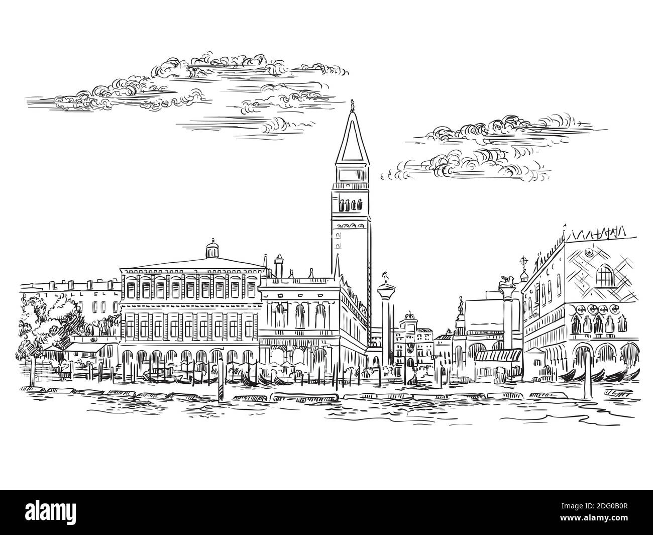 Dibujo vectorial a mano dibujo ilustración de la Plaza de San Marcos en Venecia. Horizonte de Venecia dibujo a mano en color negro aislado sobre fondo blanco. T Ilustración del Vector