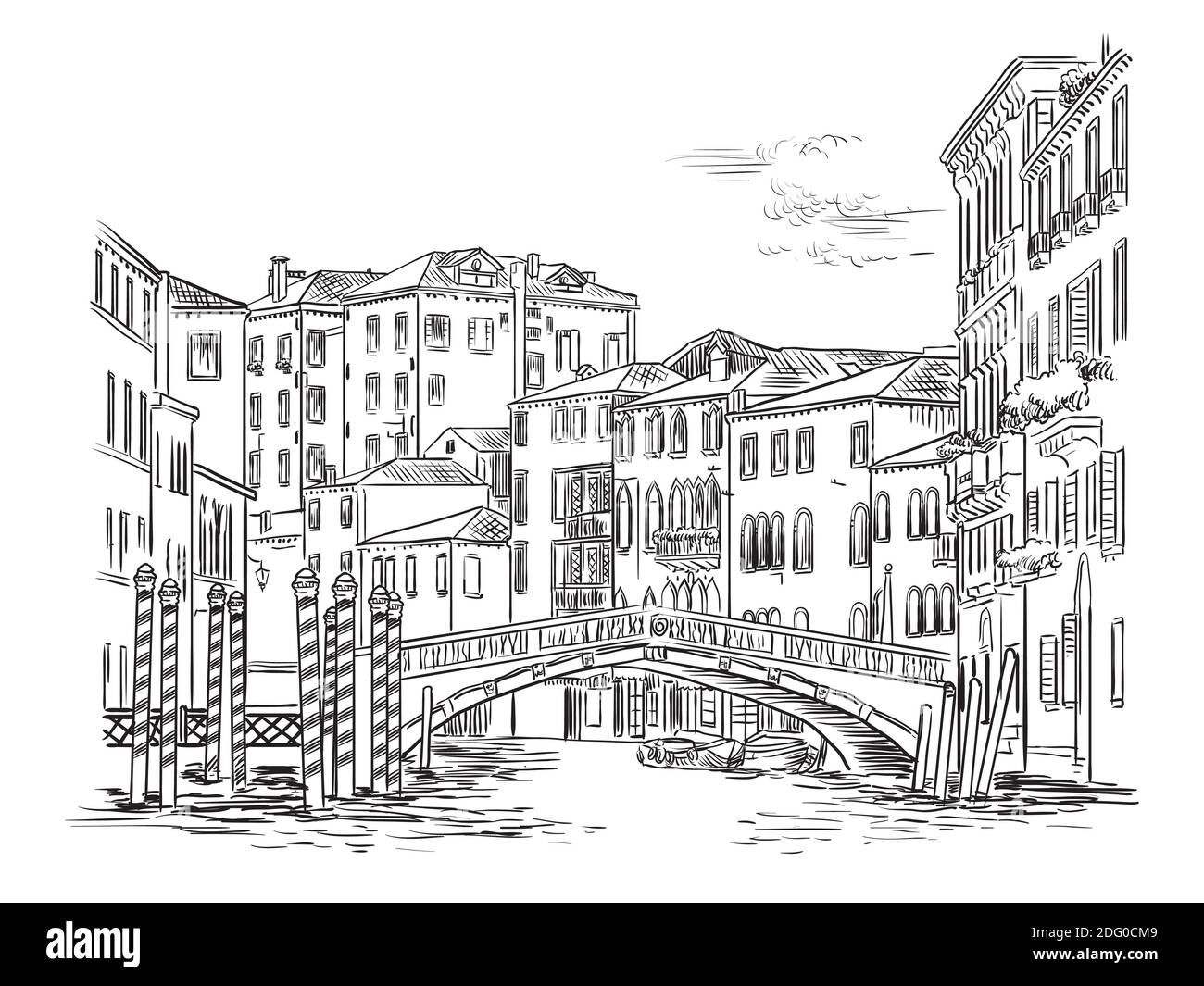 Dibujo vectorial de la mano ilustración del puente sobre el canal en Venecia. Paisaje urbano de Venecia dibujo a mano en color negro aislado sobre fondo blanco. Viajes Ilustración del Vector