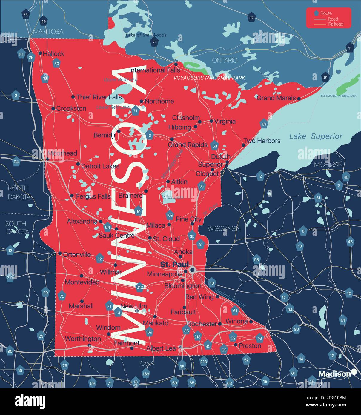 Mapa detallado editable del estado de Minnesota con ciudades y pueblos