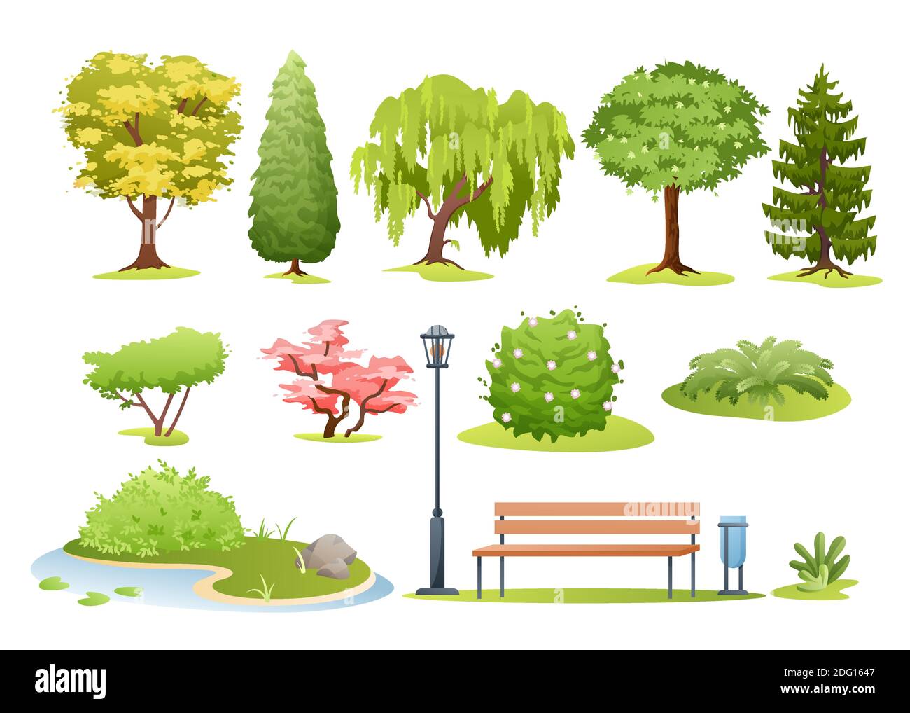 Bosque y árboles del parque, arbustos, helechos y banco del parque Ilustración del Vector