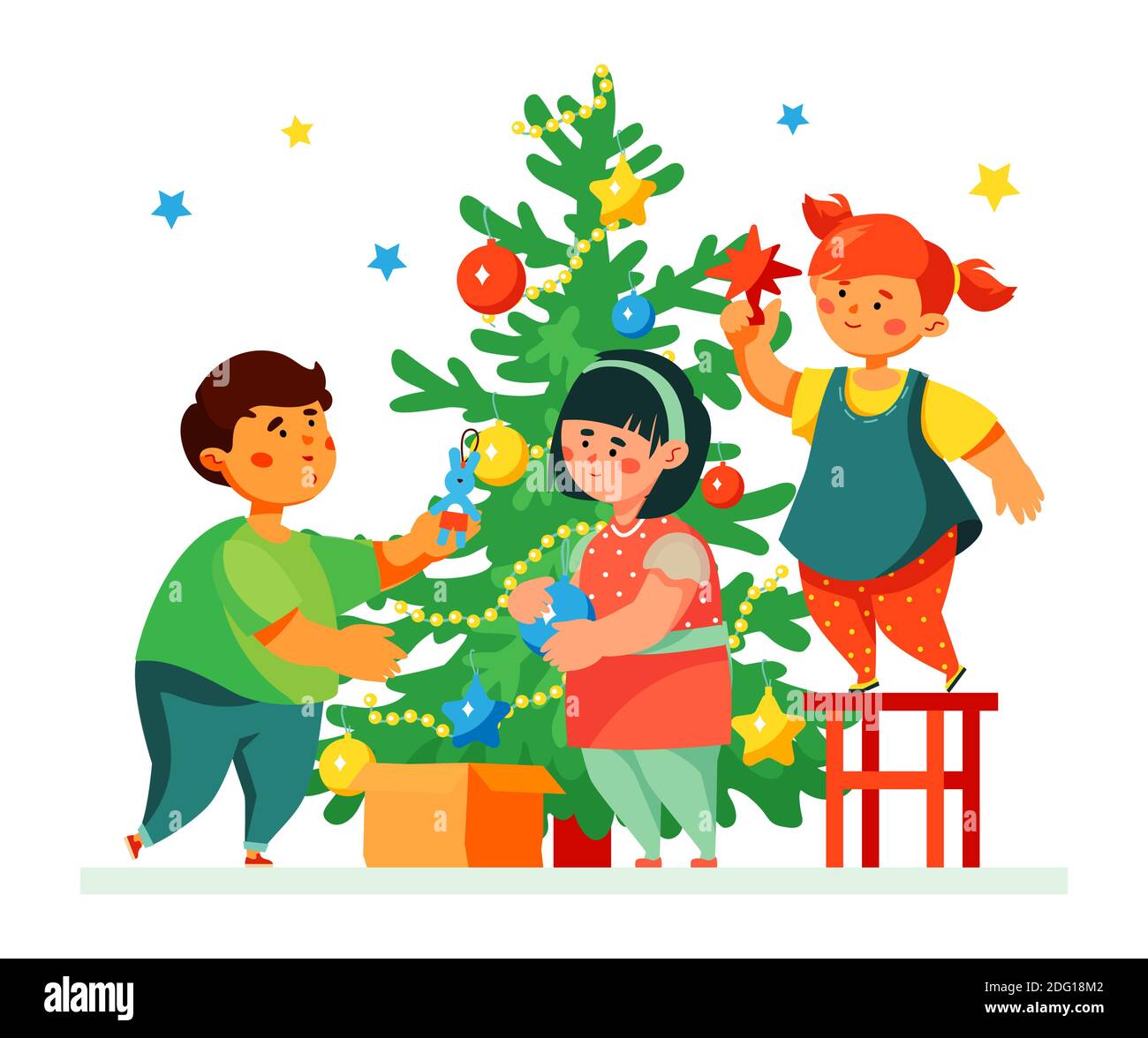 Feliz decoración de los niños árbol de Navidad - ilustración de estilo de  diseño plano colorido con personajes de dibujos animados. Niños alegres,  niño y niñas que se enconan Imagen Vector de