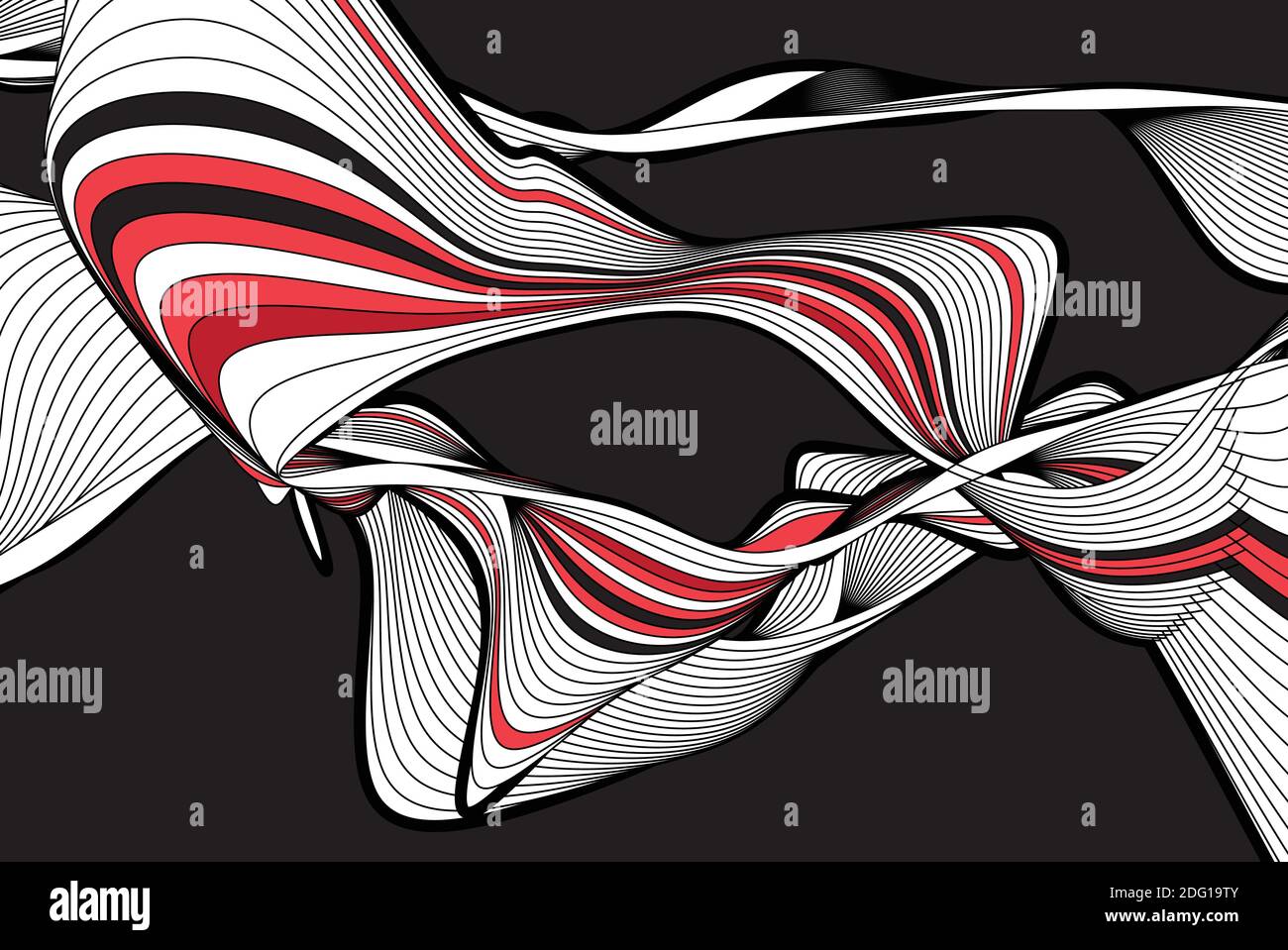 Fondo vectorial lineal abstracto con ondas y rayas sobre fondo oscuro. Un ejemplo de abstracción de las olas para un sitio web o un cartel. Ilustración del Vector