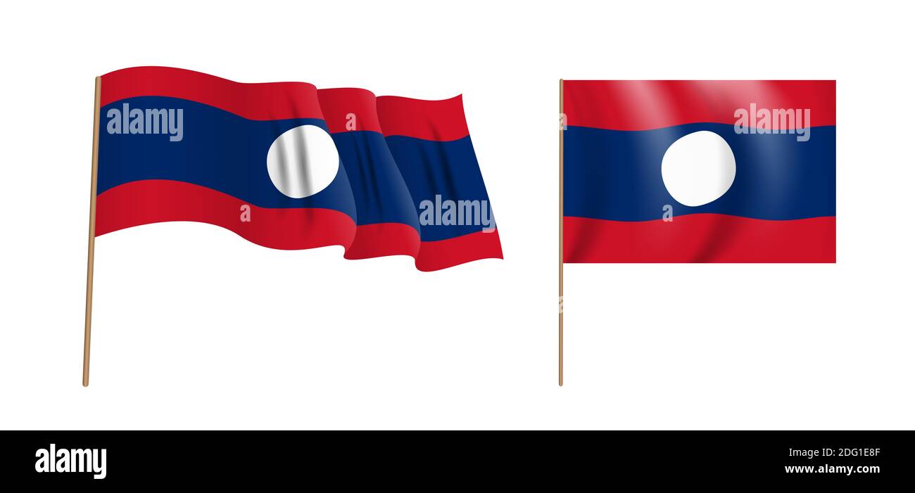 Colorida bandera naturalista de la República Democrática Popular Lao. Ilustración. Foto de stock