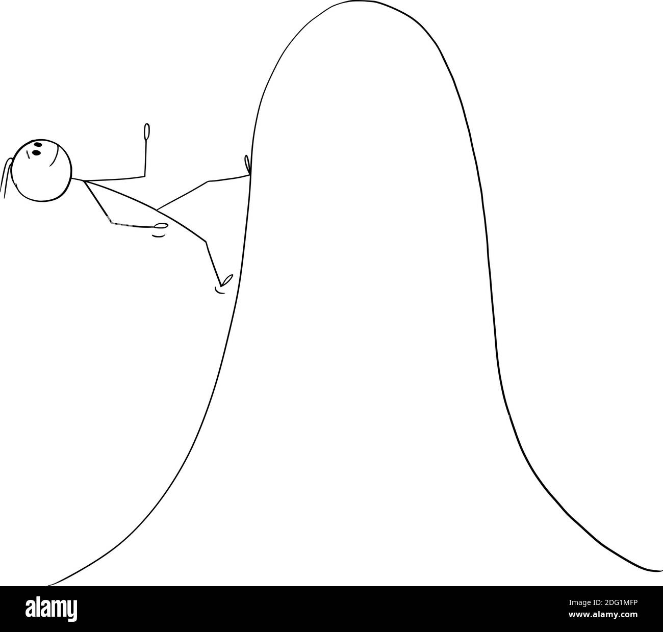 Vector de dibujos animados palo ilustración de hombre o hombre de negocios caminando cuesta arriba o hasta la montaña empinada. Concepto de éxito, planificación, mercado financiero. Ilustración del Vector
