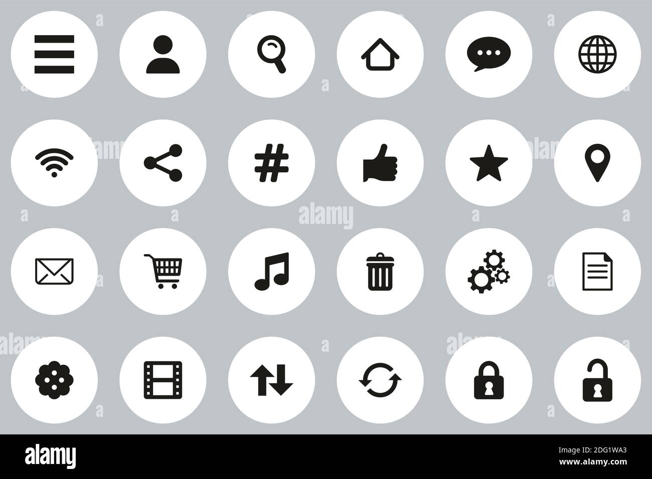 Iconos de barra de herramientas y menú Círculo de diseño plano en blanco y  negro Establecer grande Imagen Vector de stock - Alamy