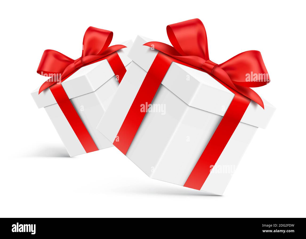 Dos cajas de regalo blancas, para decoración de diseño de vacaciones. Cajas  de regalo vectoriales realistas, con cintas rojas satinadas, aisladas sobre  el fondo blanco Imagen Vector de stock - Alamy