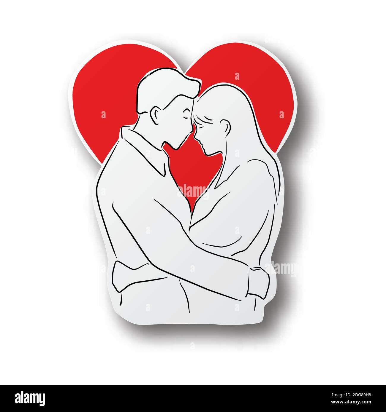 Vector línea negra mano dibujada de pareja amante besos en forma de corazón rojo cortar papel con sombra aislada sobre fondo blanco. Papel art. Valentine conce Ilustración del Vector