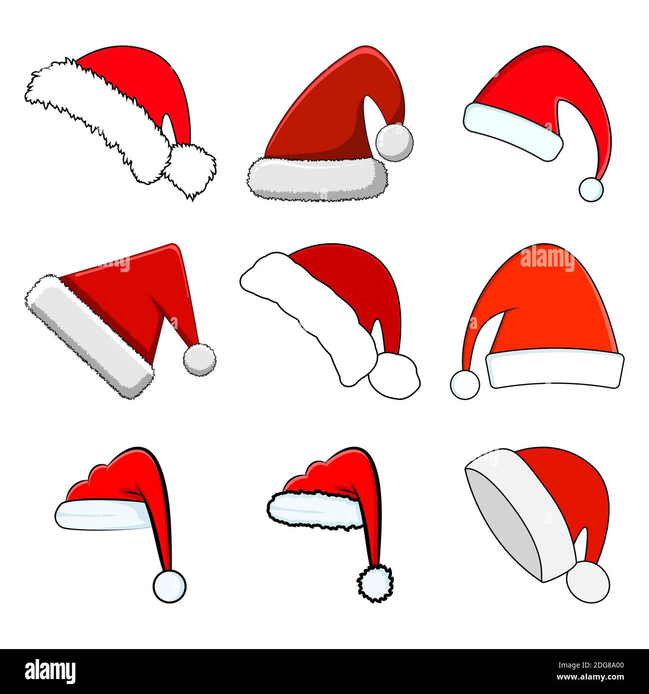 Sombrero de Santa. Red santa claus colección gorra aislada sobre fondo  blanco. Dibujo de dibujos animados para la tarjeta de felicitación de  diciembre. El vector de Navidad Imagen Vector de stock -