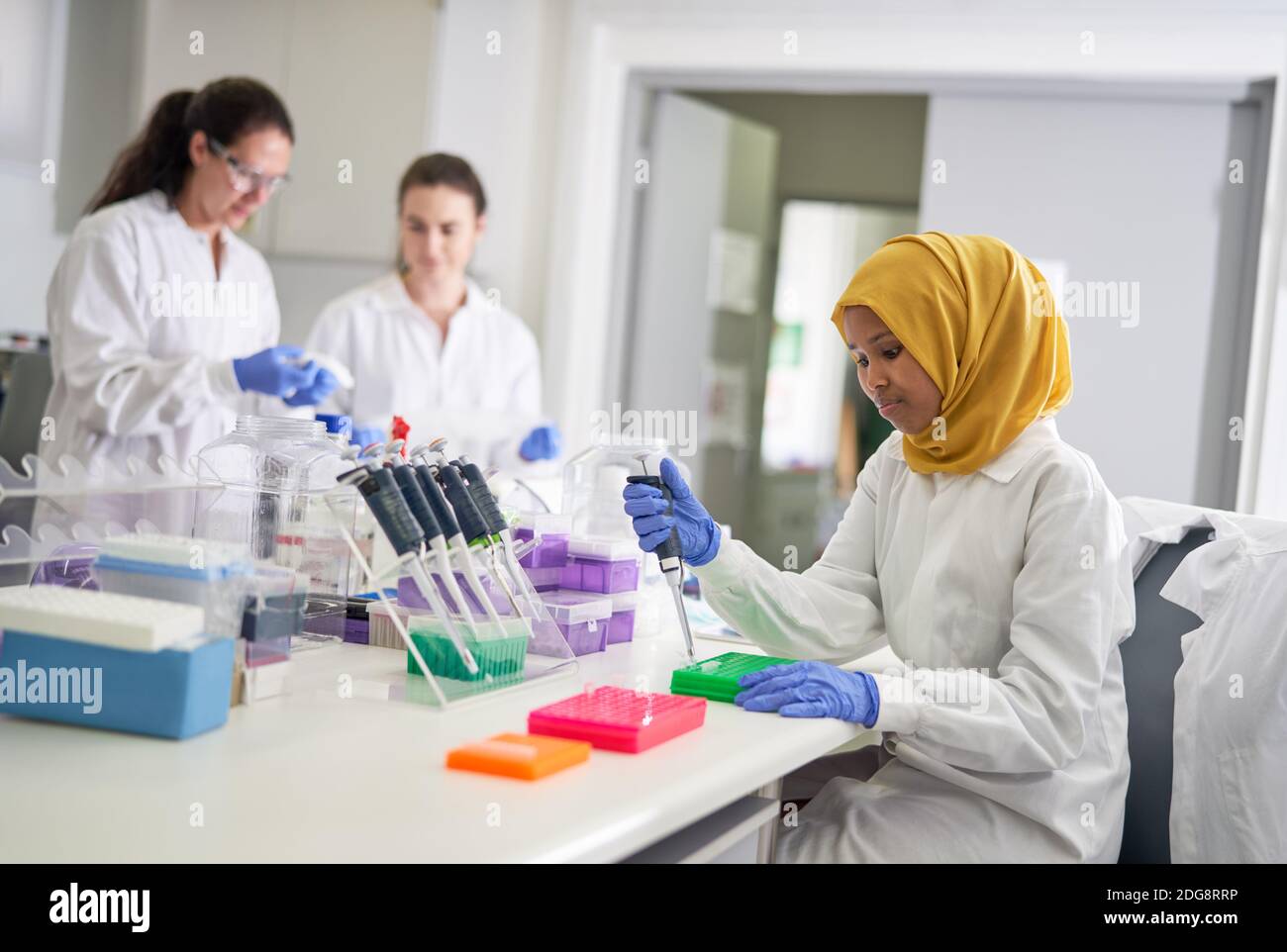 Mujer científica en el llenado de hijab bandejas de pipetas en laboratorio Foto de stock