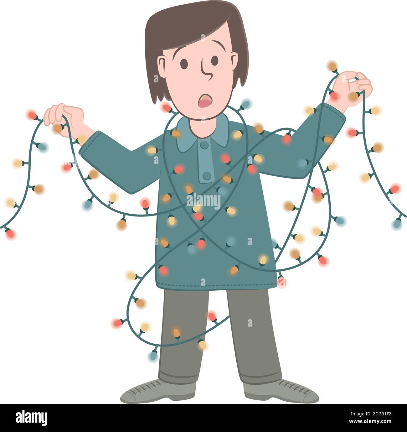 Ilustración de estilo retro de un niño que se ha enredado con luces navideñas. Ilustración del Vector