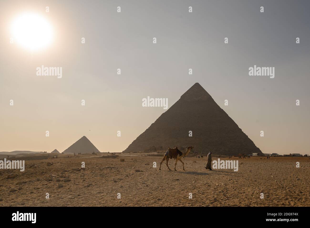 Puesta de sol sobre el complejo Pirámide de Giza con guía turístico y travesía en camello Gran Pirámide de Khufu, complejo Pirámide de Giza, Giza, el Cairo, Egipto Foto de stock
