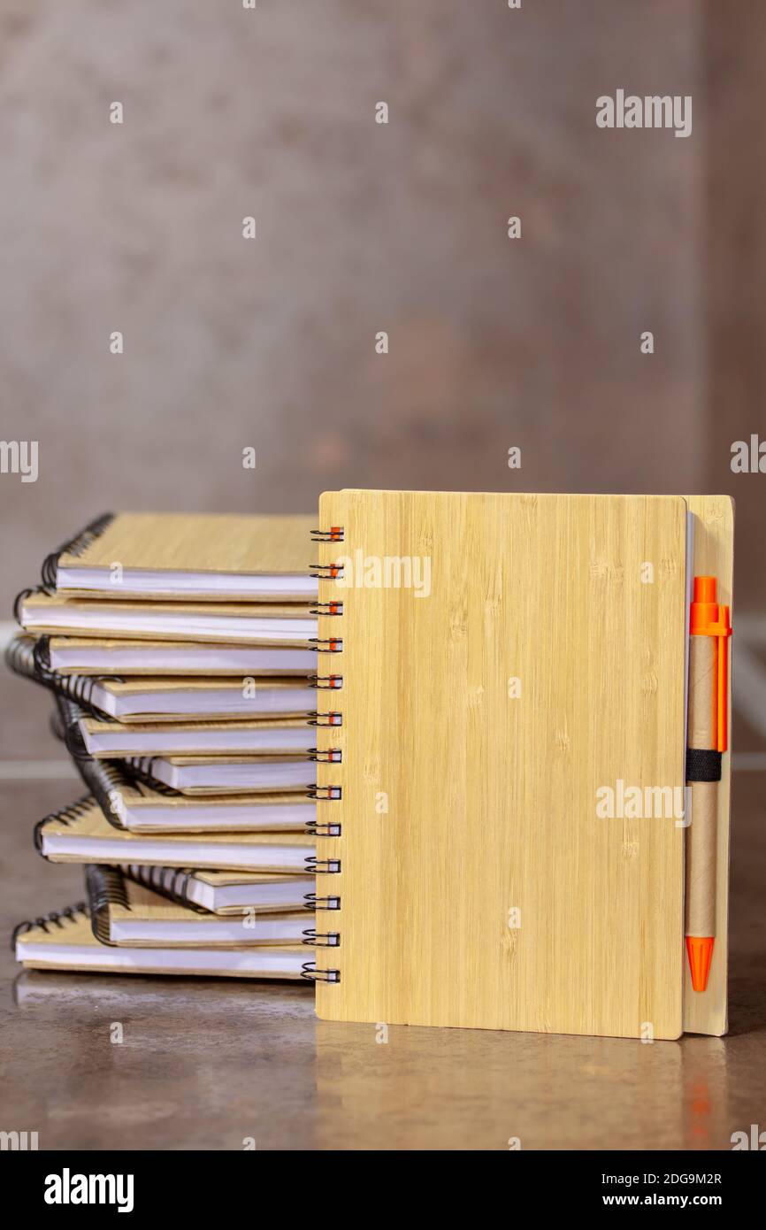 Libreta ECOLÓGICA de madera de bambú y papel reciclado con bolígrafo. Enfoque selectivo con profundidad de campo reducida. Foto de stock