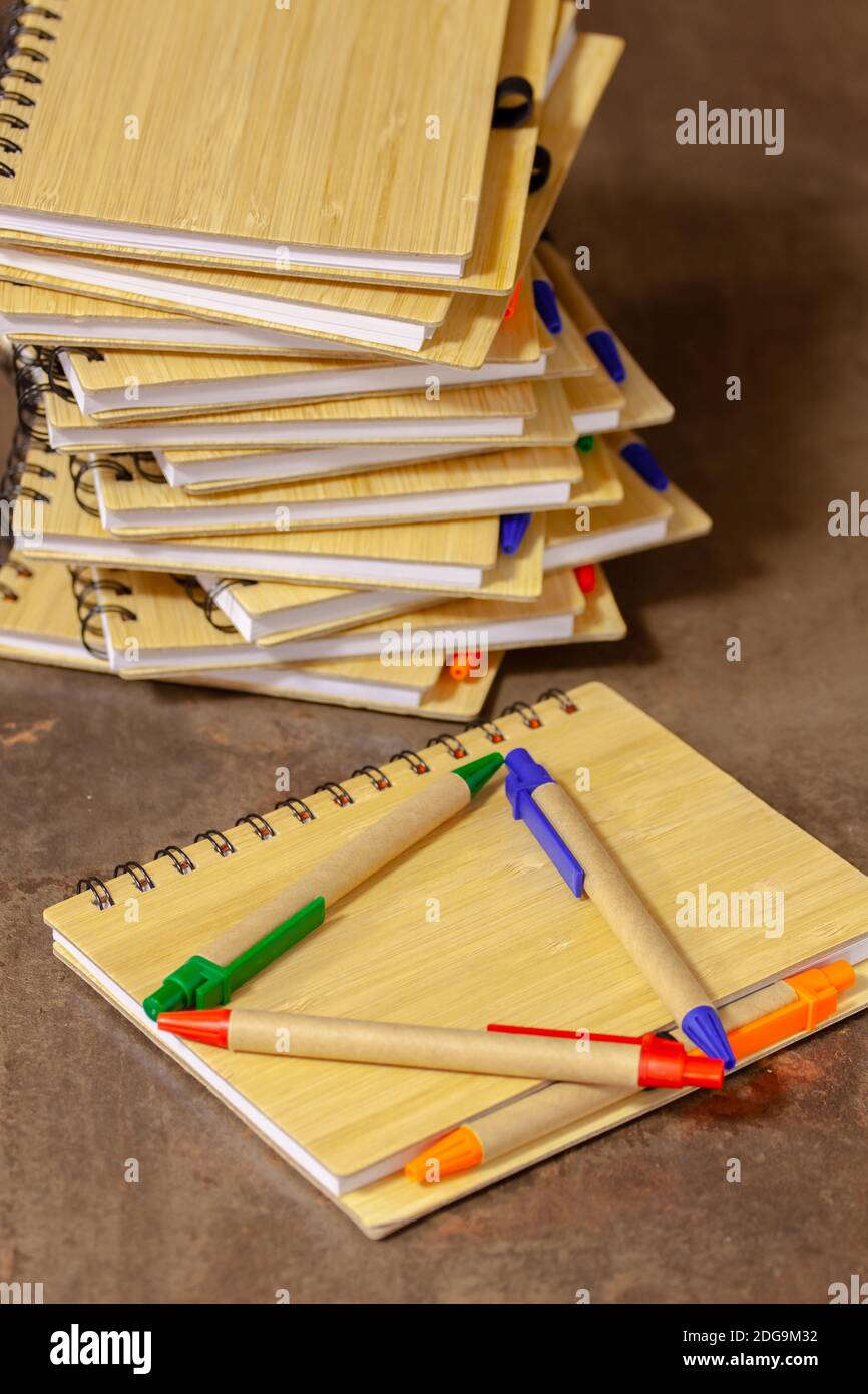 Libreta ECOLÓGICA de madera de bambú y papel reciclado con bolígrafo. Enfoque selectivo con profundidad de campo reducida. Foto de stock