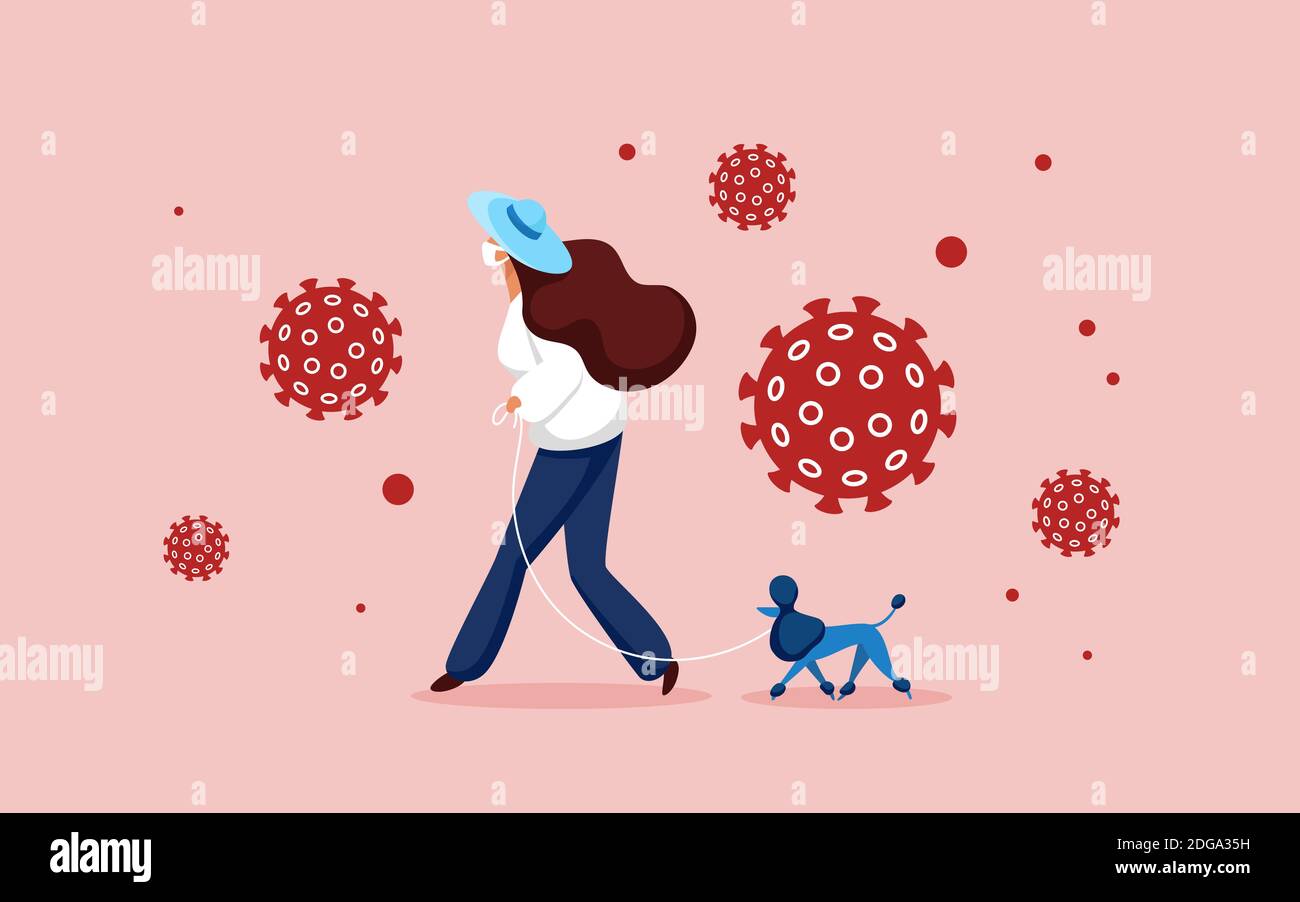 Mujer en máscara protectora caminar con perro mascota vector ilustración. Personaje de dibujos animados niña sosteniendo correa para caminar con su propio animal perrito, usando máscara para proteger la salud contra el fondo de coronavirus Ilustración del Vector