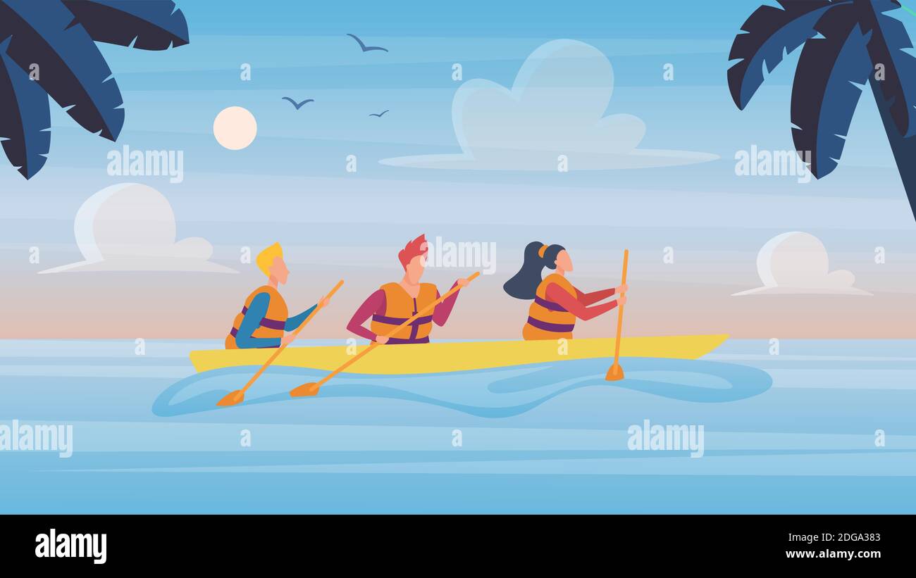 Gente en kayak tour en naturaleza tropical paisaje vector ilustración. Dibujos animados hombre mujer personajes, sentado en barco, viajando en kayak. Rafting al aire libre, paseos en bote, aventuras de verano fondo Ilustración del Vector